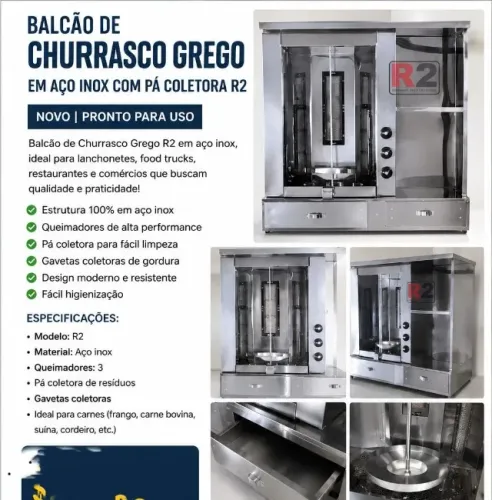 Balcão/Máquina de Churrasco Grego em Aço Inox Com Pá Coletora