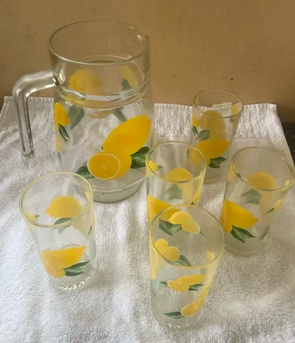 Jarra de vidro + 5 copos com estampa de limão siciliano