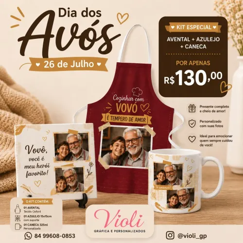 Kit Presente Personalizado "Dia dos Avós": Azulejo, Caneca e Avental