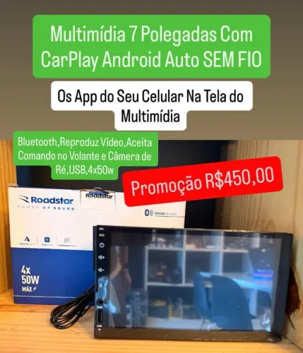 Multimidia Mp5 Com Carplay Android Auto Sem Fio 7Pol Bluetooth Aceita Camera de Ré Carro