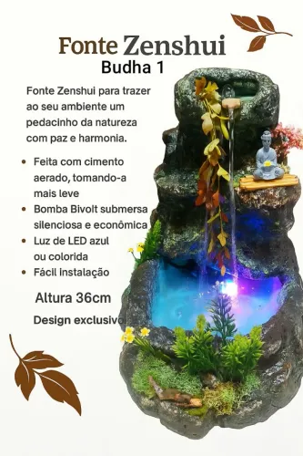 Fonte de Água Ornamental Budha Meditando LED Colorido Bomba Bivolt