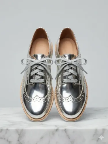 Sapato Oxford Feminino Prateado Metalizado - Estilo e Conforto (Tam. 35)