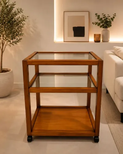 Carrinho bar / mesa auxiliar em madeira e vidro - elegante e versátil