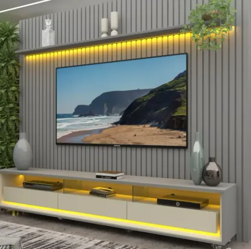 Rack com Painel Ripado para Tv até 90 Polegadas Led 3 Gavetas com Rodízios 230cm Naturale