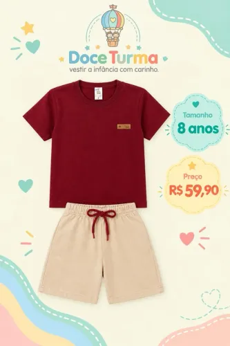 Conjunto Básico Menino Camiseta Bordo e Bermuda Canela