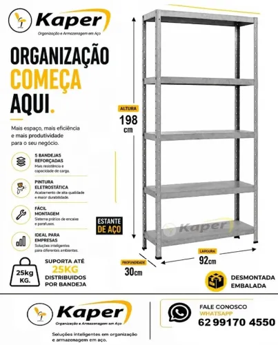 Estante de Aço 198cm x 92cm x 30cm ( Nova )- Prateleira de aço, cor cinza