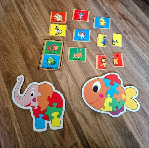 Kit brinquedos pedagógicos em madeira: 2 quebra-cabeças + Estojo Metades Animais (com 6 pa