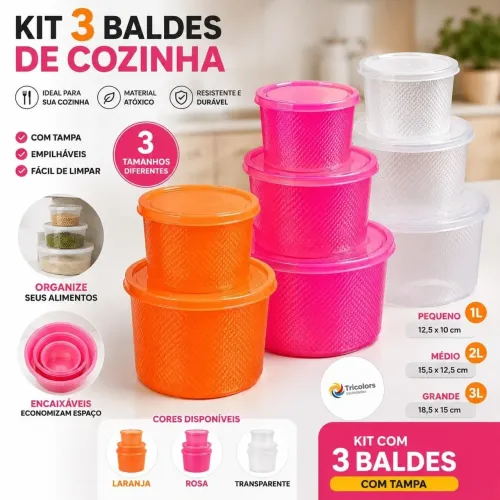 Kit com 3 baldes de cozinha alta durabilidade