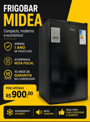 Frigobar Midea seminovo 93L com nota fiscal e pouco usado