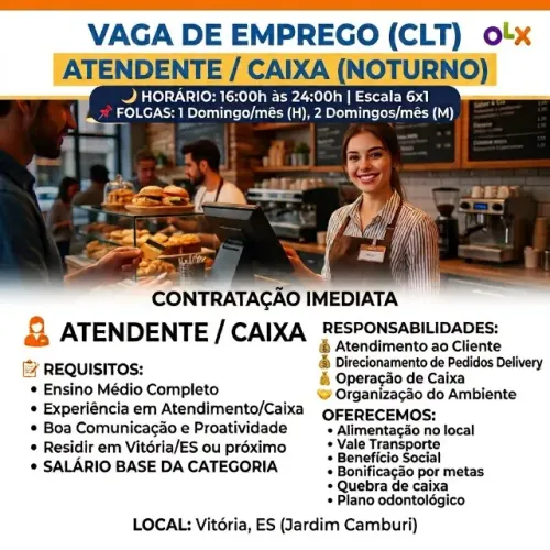 Vaga Caixa/Atendente - Horário Noturno - Vitória - Jardim Camburi