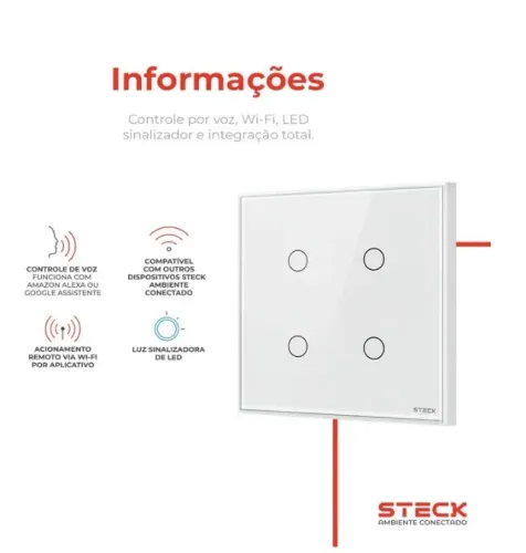 Interruptor 4X4" Steck, 4 Módulos Touch Branco Wi-Fi, Ambiente Conectado, SINT4B2 Retirada