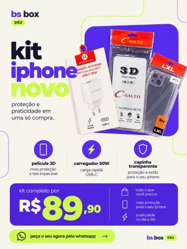 Kit Completo para iPhone - Carregador 50W + Película 3D + Capa Transparente