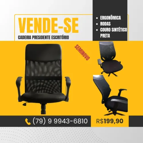 Cadeira Presidente Escritório Ergonômica com Rodas e Couro Sintético Preta