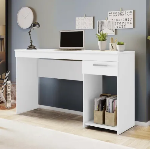 Mesa com Gaveta, Nichos para Livros e Puxador em Alumínio