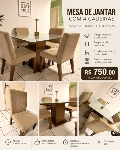 Mesa de jantar estofada madesa Evelin 4 lugares com tampo de vidro (8 MESES DE USO)