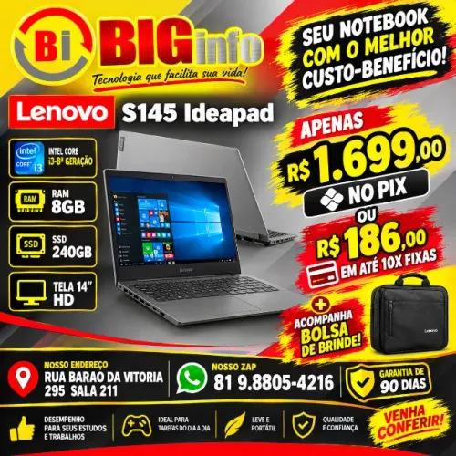 Notebook Lenovo Ideapad S145 Intel i3 8GB DDR4 - SSD240 - Tela 15 - Em ate 10x Fixas 