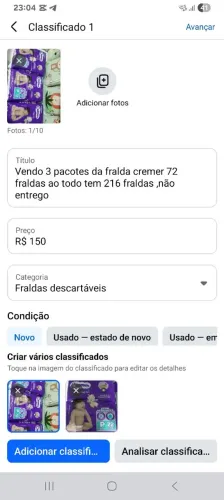 Vendo 3 pacotes de fralda da cremer P 72 fraldas, ao todo tem 216 fraldas,não entrego