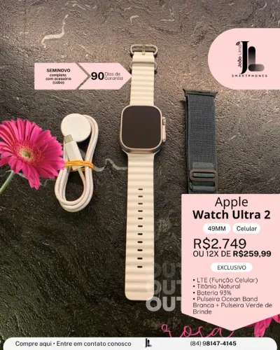 APPLE WATCH ULTRA 2, 49MM, CELULAR, PULSEIRA OCEAN BAND BRANCA, SEMINOVO, EXCLUSIVO!