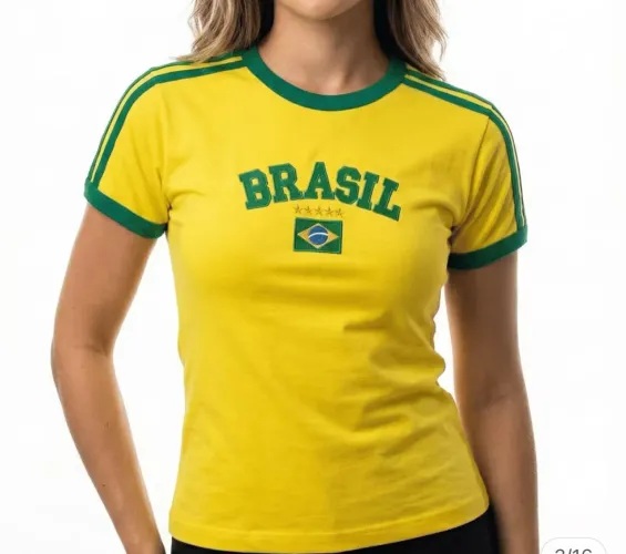 Camiseta Brasil feminina retrô Baby-look - algodão premium Bordado impecável