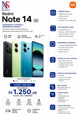 CELL XIAOMI REDMI NOTE 14 4G 256GB 08GB RAM NOVO LACRADO ENTREGAMOS GRATIS