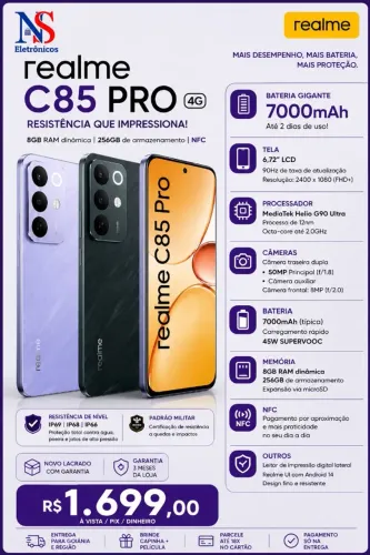Smartphone Realme C85 Pro 8GB Ram 256gb NFC IP69 Lacrado Roxo Verde Entregamos Gratis