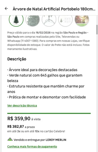 Árvore de Natal Artificial Portobelo 180cm e 645 Galhos Verde Cromus