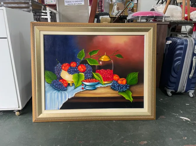 Quadro Pintura a Óleo Mesa com Frutas com Moldura 