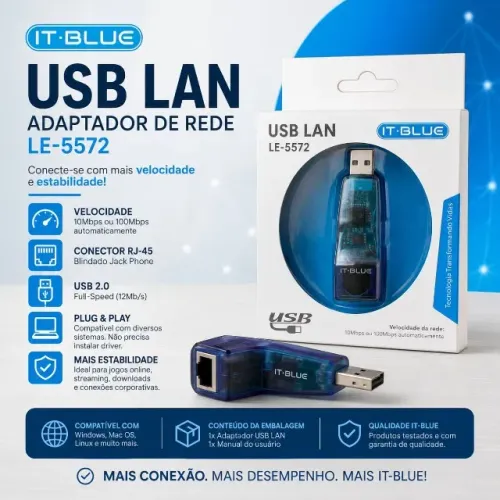 Adaptador de Rede USB 2.0 Para RJ45 compatível Windows XP / Vista / 7 / 8 / 10