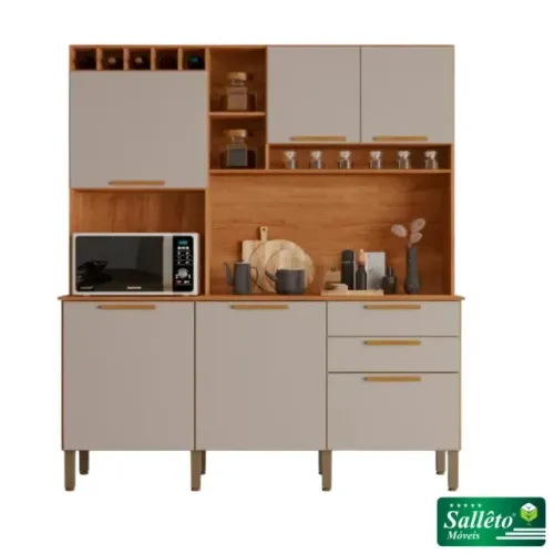 Armário Cozinha New Topázio Cinamomo/Off 6 Portas 2 Gavetas Sallêto - Entrega Rápida!  