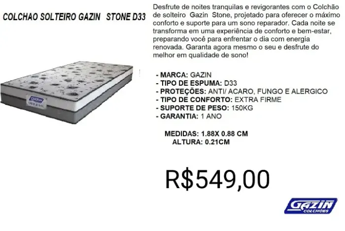 COLCHÃO D33 GAZIN 21CM ALTURA A PRONTA-ENTREGA