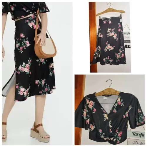 Conjunto saia e cropped floral preto