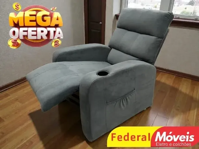 Poltrona Do Papai Cinza Veludo Porta Copos Embutidos MAIS VENDIDO