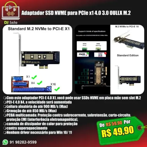 Adaptador SSD NVME para PCIe x1 4.0 3.0 OULLX M.2
