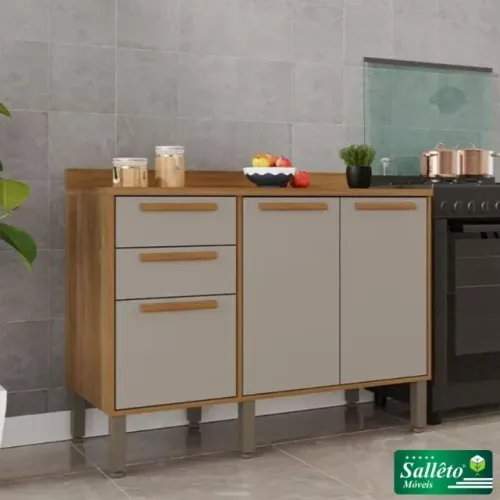 Balcão Cozinha Flórida Cinamomo/Off 3 Portas 2 Gavetas Sallêto - Entrega Rápida! 