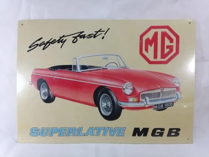 Placa decorativa Vintage de veículo MG - O carro e o emblema são em alto relevo. 