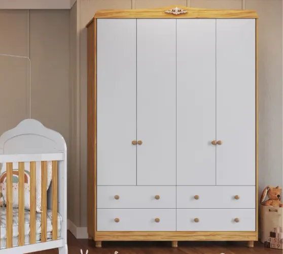 Roupeiro Infantil 4 Portas Elo Lisa, 100% MDF - Peroba