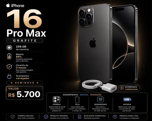 iPhone 16 Pro Max Grafite 256GB | Bateria 89% | Garantia 3 Meses | Original Apple