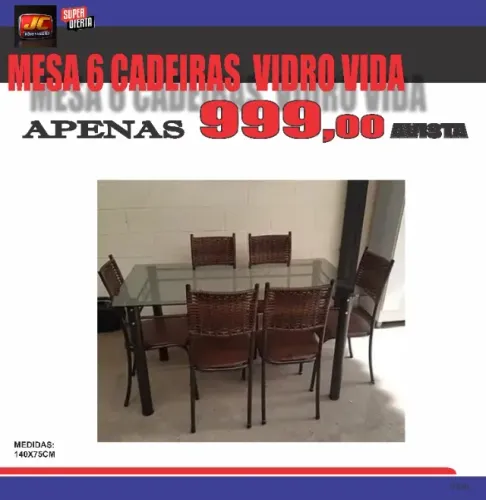 MESA 6 CADEIRAS TAMPO DE VIDRO 1,40X75