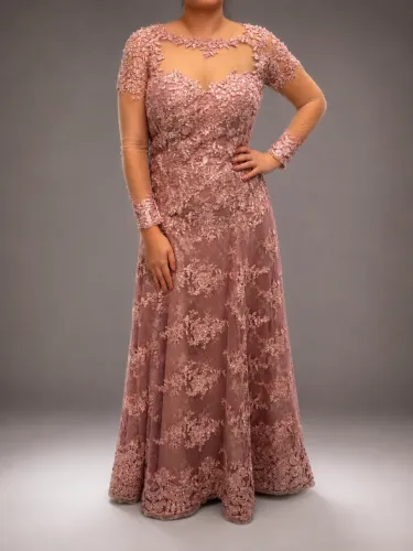 Vestido de Festa Rose Bordado Luxo Mãe da Noiva/Formanda | Manga Tule | Usado 1x