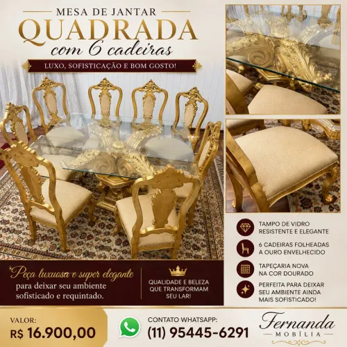 Mesa de jantar com vidro Quadrado e 6 cadeiras Luís xv Vintage decoração 