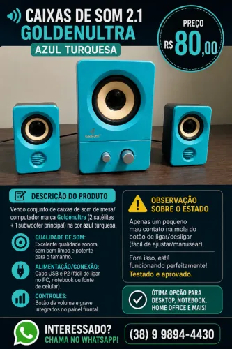 ? Caixas de Som 2.1 Goldenultra - Azul Turquesa
