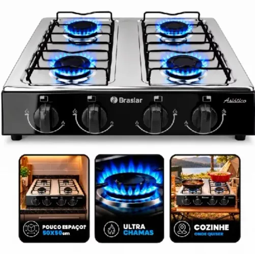 Fogão Cooktop De Mesa portátil A Gás 4 Bocas Braslar