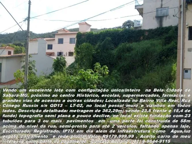 Excelente lote 362m com configuração única/inteira na Bela Cidade De Sabará MG