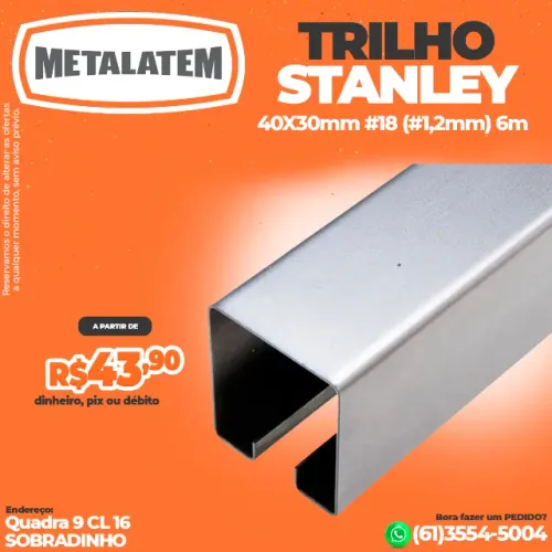 Trilho Stanley 40X30mm Chapa #18- 3 Metros