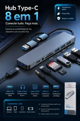 Hub USB Type C 8 Em 1 Com Leitor De Cartão Divisor 3.0 2.0 SD TF Docking Station