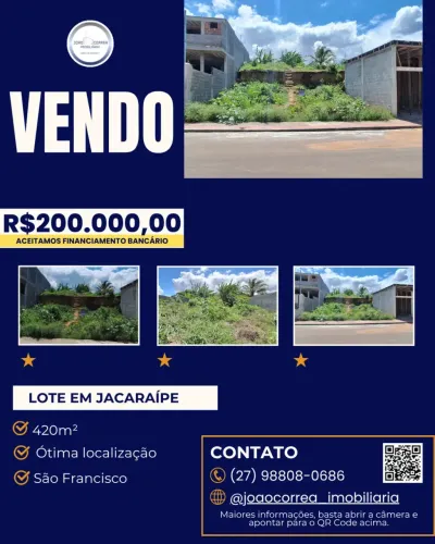 Vendo lote de 420 metros quadrados em São Francisco, Jacaraípe- Serra - ES