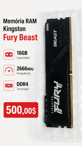 Memória RAM Kingston Fury Beast, 16GB, 2666MHz, DDR4, CL16, Preto