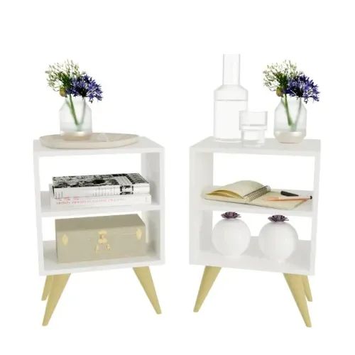 Kit 2 Mesa de Cabeceira Retrô Compacta com Nicho para Quarto Casal ou Solteiro Palma