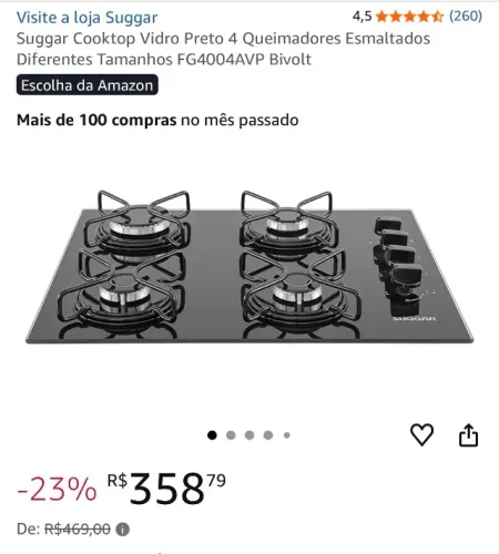 Suggar Cooktop Vidro Preto 4 Bocas, Esmaltados - FG4004AVP Bivolt