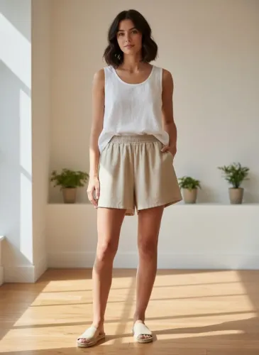 Short Com Bolso Tecido Premium 100% Viscose Bege Tamanho M 